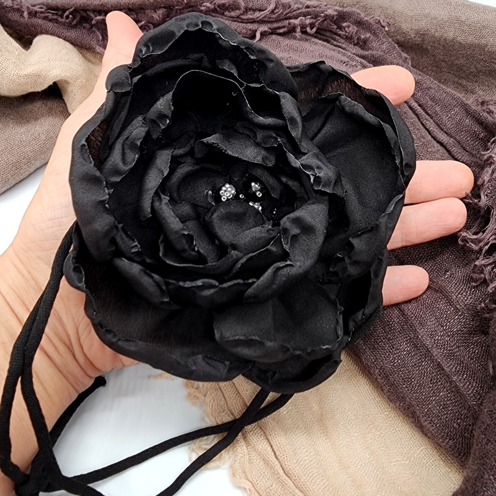 Black Rose Flower Choker Brooch Clip Handcrafted Upcycled Silk